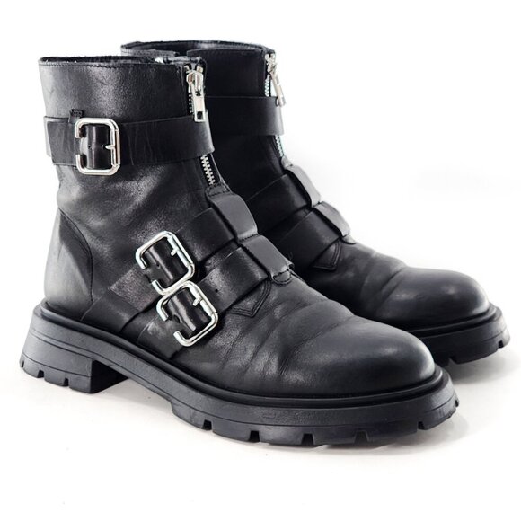 ZARA Leather Combat Moto Biker Ankle Boots ack Zip Buckles Black - Picture 3 of 10